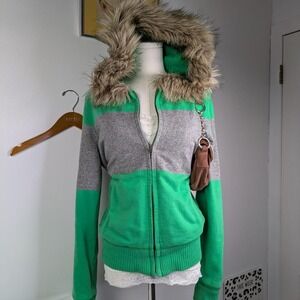 Y2K American Eagle Zip Jacket Large Fur Hood Lined Striped
